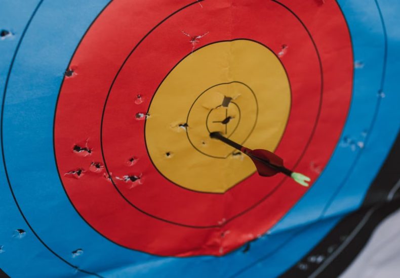 Close-up of a target in archery with a single arrow hitting the bullseye, showcasing precision and skill.
